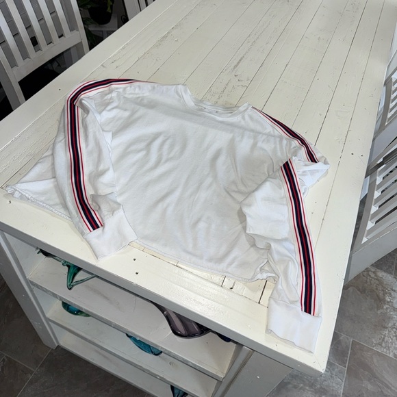 TNA Aritzia White Cropped Long Sleeve Top with Red/blue Stripe oversizedSm - Picture 6 of 9